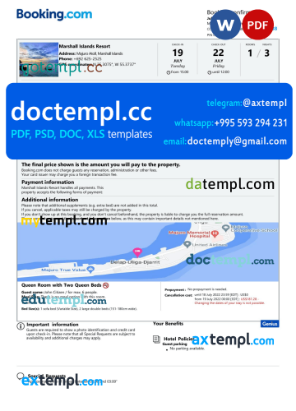 Marshall Islands hotel booking confirmation Word and PDF template, 2 pages