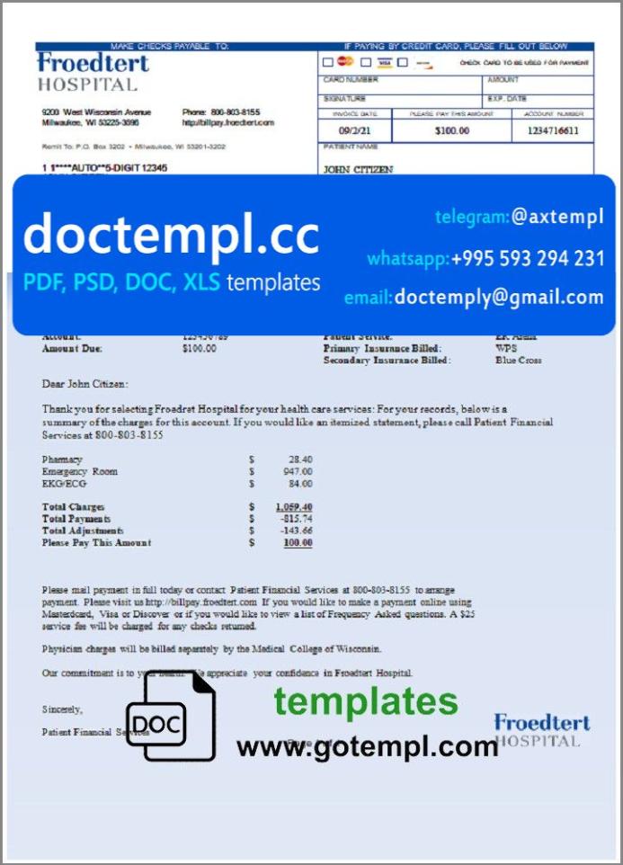 USA Froedtert Hospital invoice template in Word and PDF format, fully editable