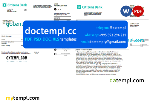 USA Citizens bank statement, Word and PDF template, 4 pages