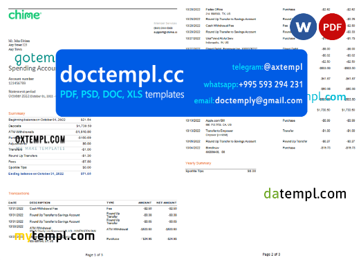 USA Chime bank statement, Word and PDF template, 3 pages