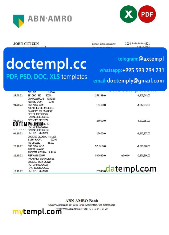 Netherlands ABN AMRO bank statement Excel and PDF template