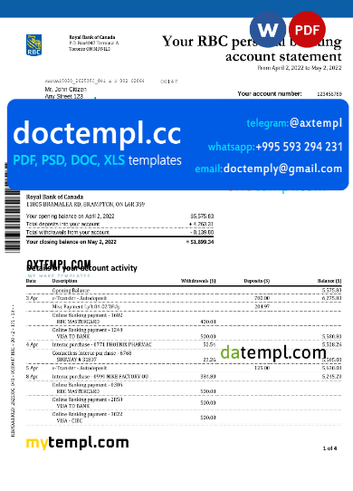 Canada Royal Bank of Canada (RBC) bank statement, Word and PDF template, 4 pages, version 2