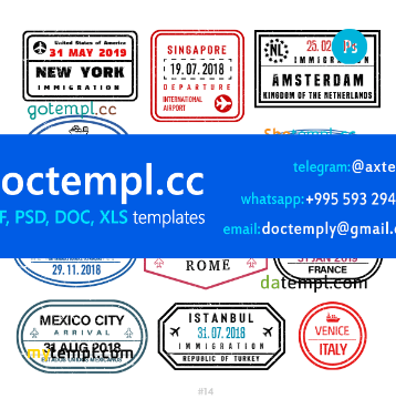 USA Singapore Turkey travel stamp collection template of 12 PSD designs, with fonts
