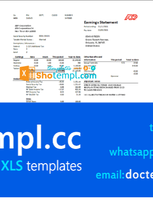 USA ADP Earnings statement template in .xls and .pdf file format