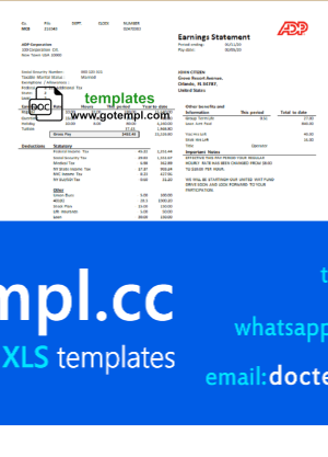 USA ADP Earnings statement template in Word and PDF format