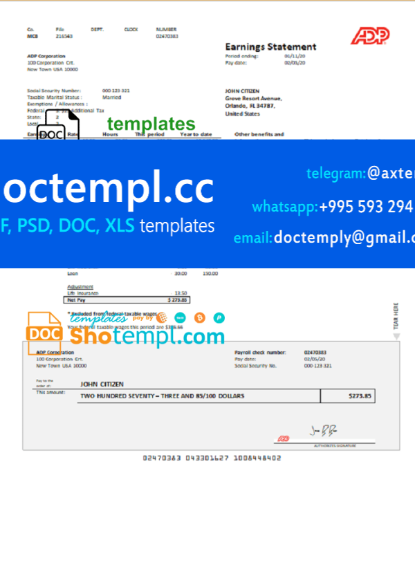 USA ADP Earnings statement template in Word and PDF format – doctempl.cc
