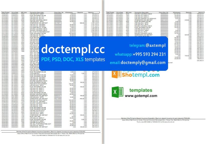 Philippines PNB bank statement template in Excel and PDF format (4 pages) - Image 2
