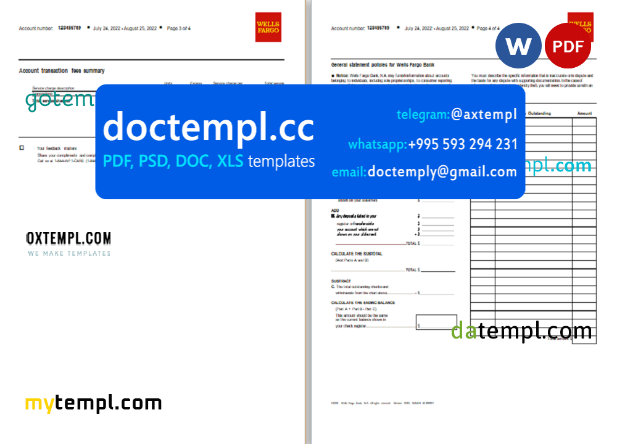 USA Wells Fargo Bank Simple Business Checking bank statement, Word and PDF template, 4 pages - Image 2