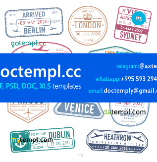 Berlin Dublin Heathrow travel stamp collection template of 10 PSD designs, with fonts
