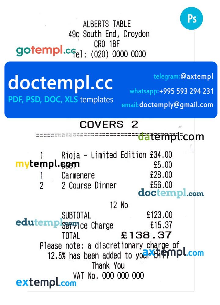 ALBERTS TABLE payment check PSD template