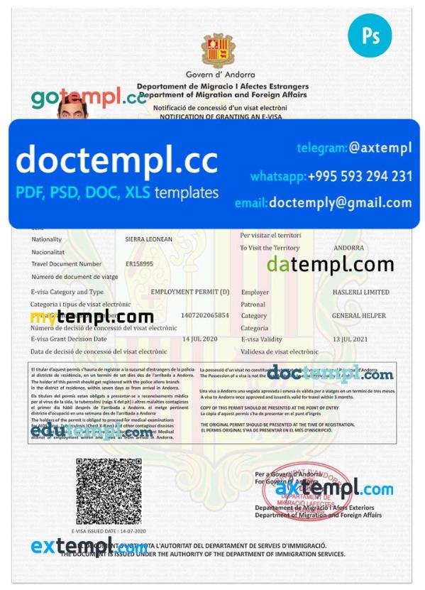 Andorra e-visa PSD template, completely editable, with fonts