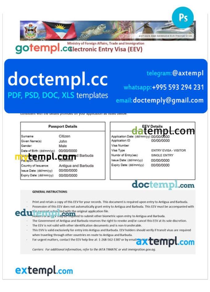 Antigua and Barbuda Electronic Entry Visa PSD template, completely editable, with fonts