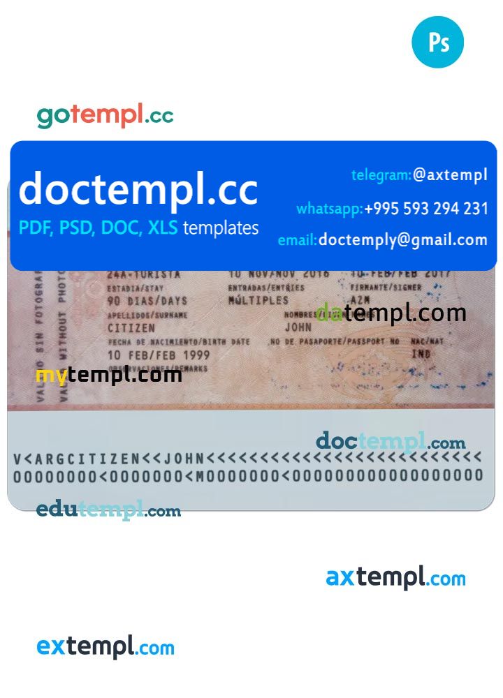 Argentina visa PSD template, fully editable