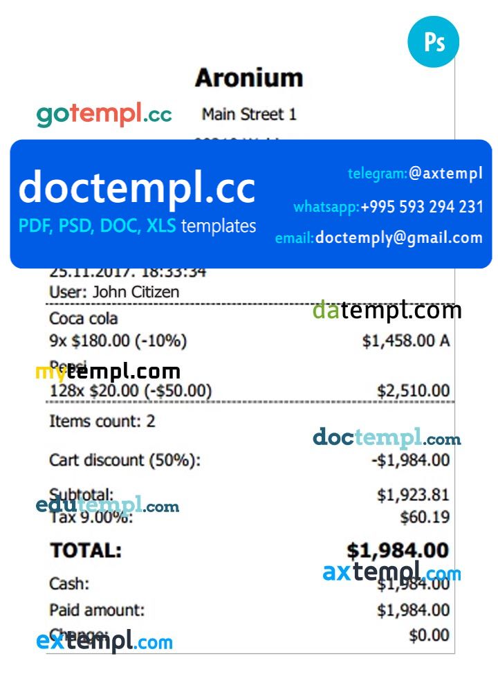 ARONIUM payment check PSD template