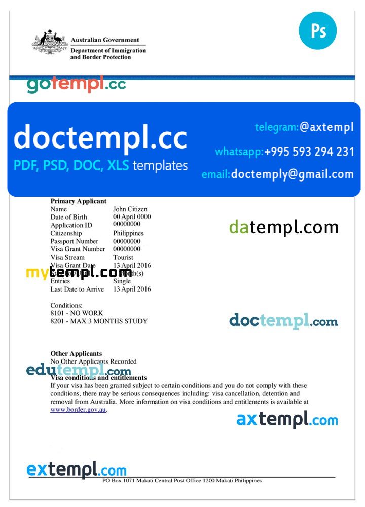 Australia E-visa PSD template, completely editable, with fonts