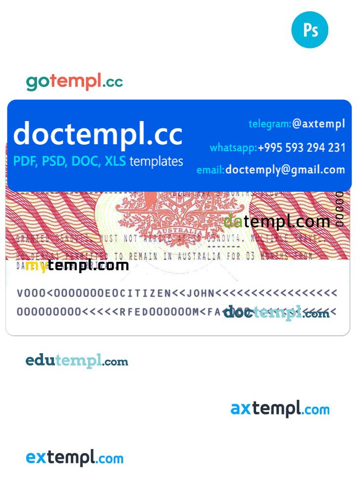 AUSTRALIA Visa PSD template, with fonts