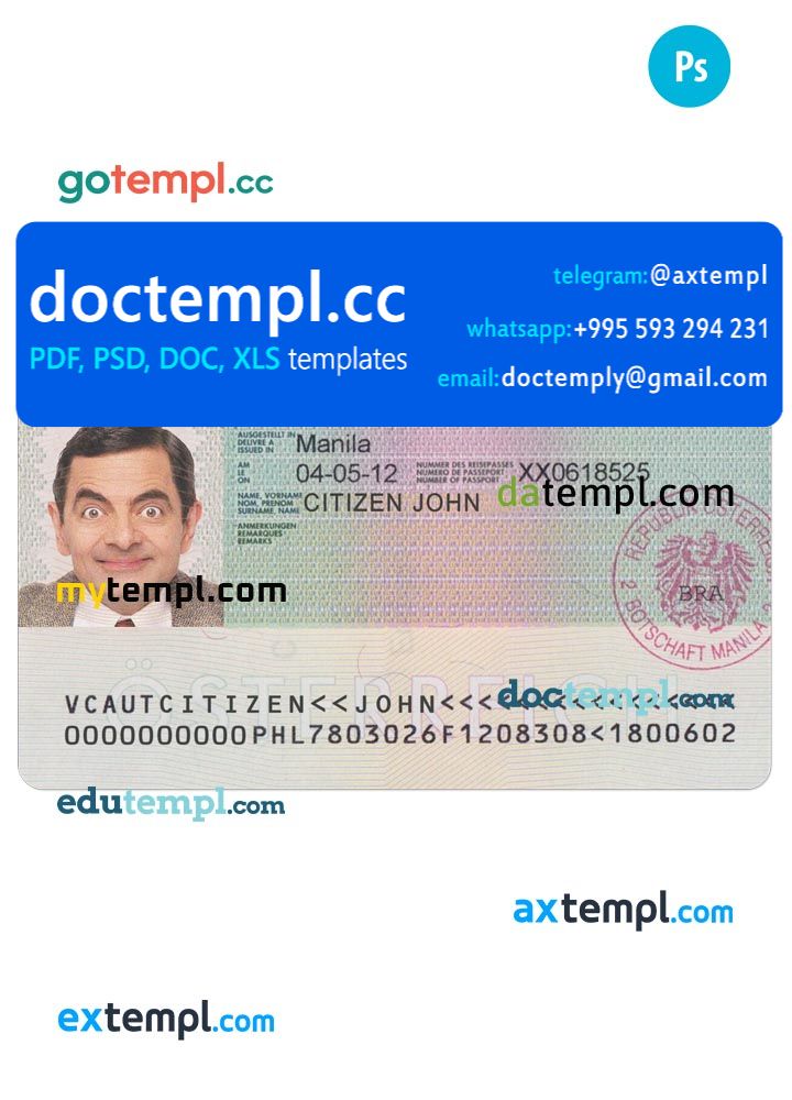 Austria schengen visa PSD template, fully editable