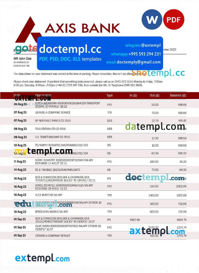 AXIS Bank enterprise statement Word and PDF template