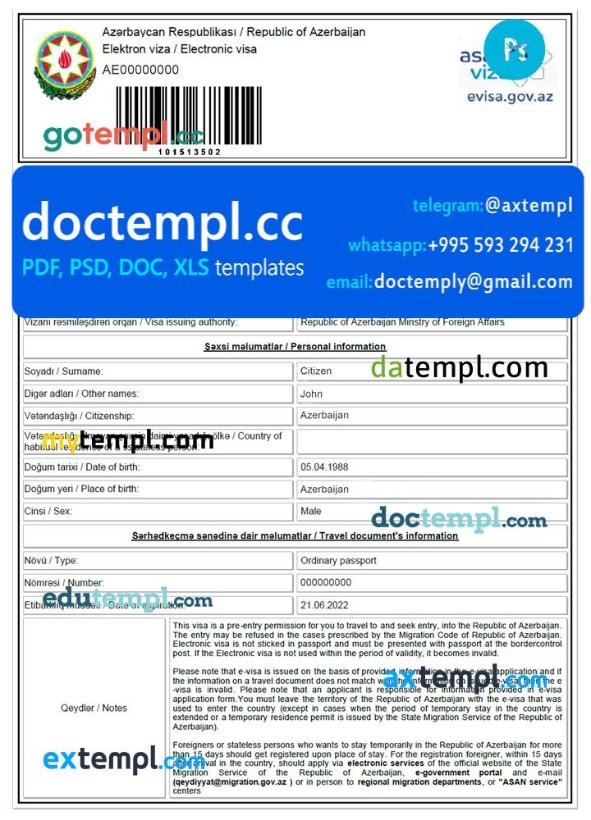 Azerbaijan Electronic Visa PSD template, completely editable, with fonts