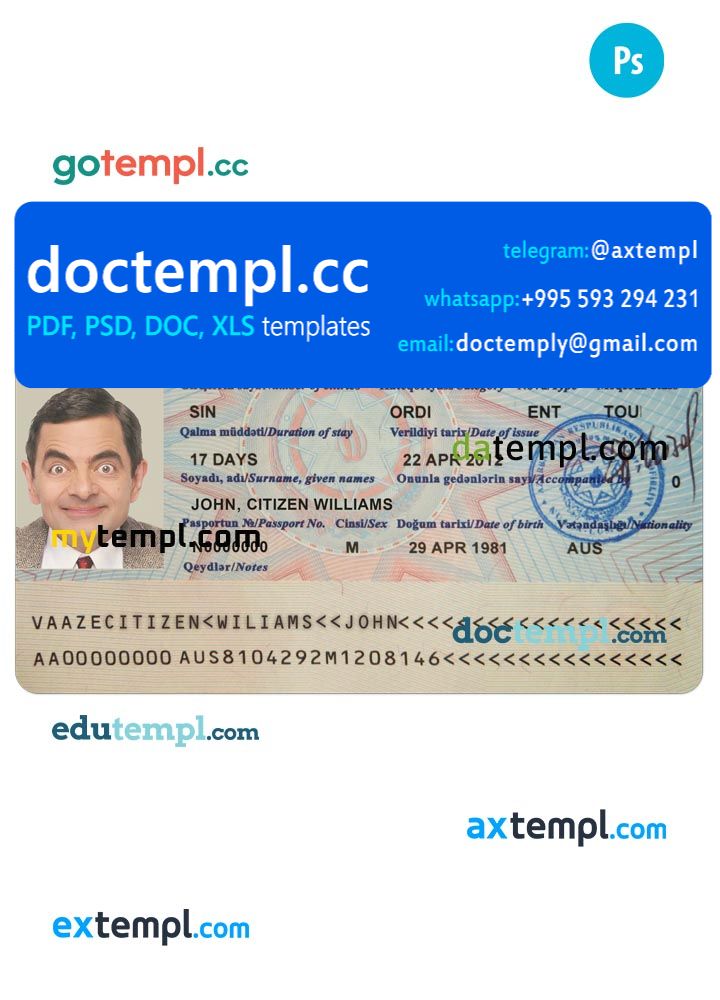 AZERBAIJAN Visa PSD template, with fonts