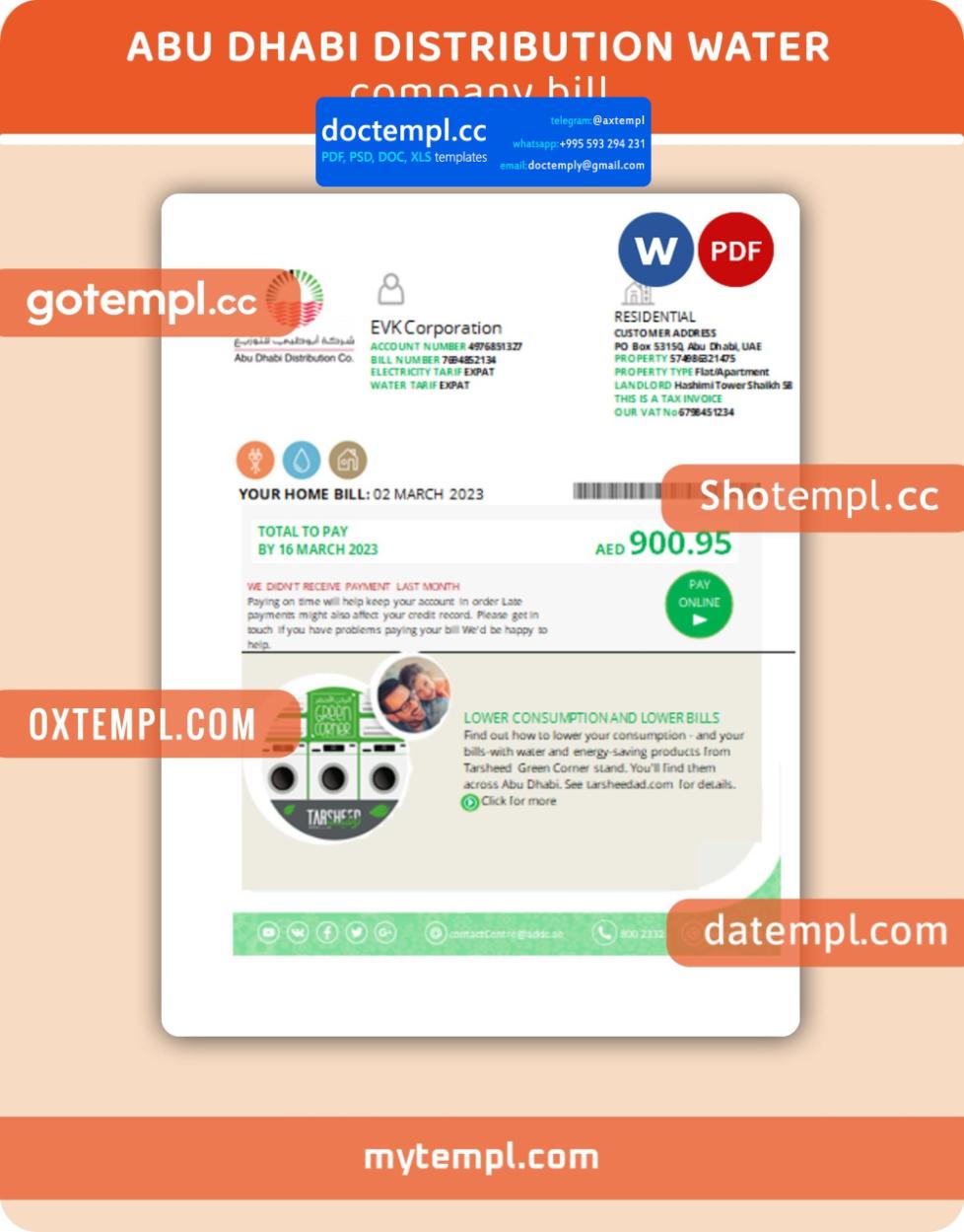 Abu Dhabi Distribution water business utility bill, Word and PDF template