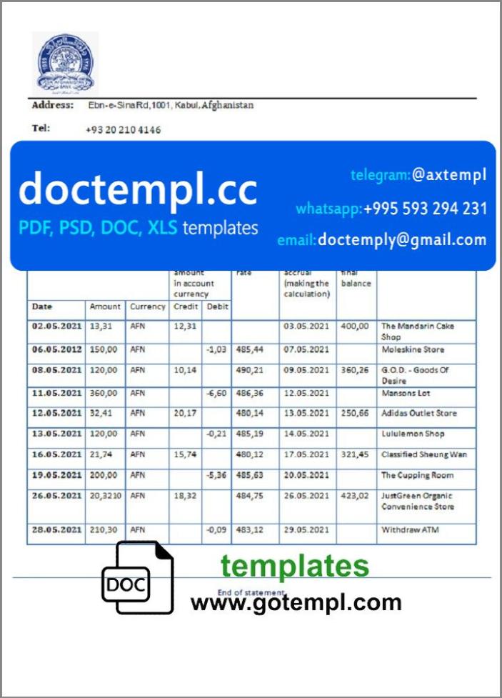 Afghanistan Da Afghanistan Bank (DAB) bank statement template in Word and PDF format