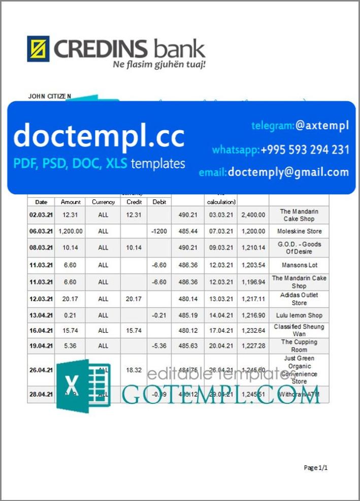 Albania Credins bank statement template in Excel and PDF format