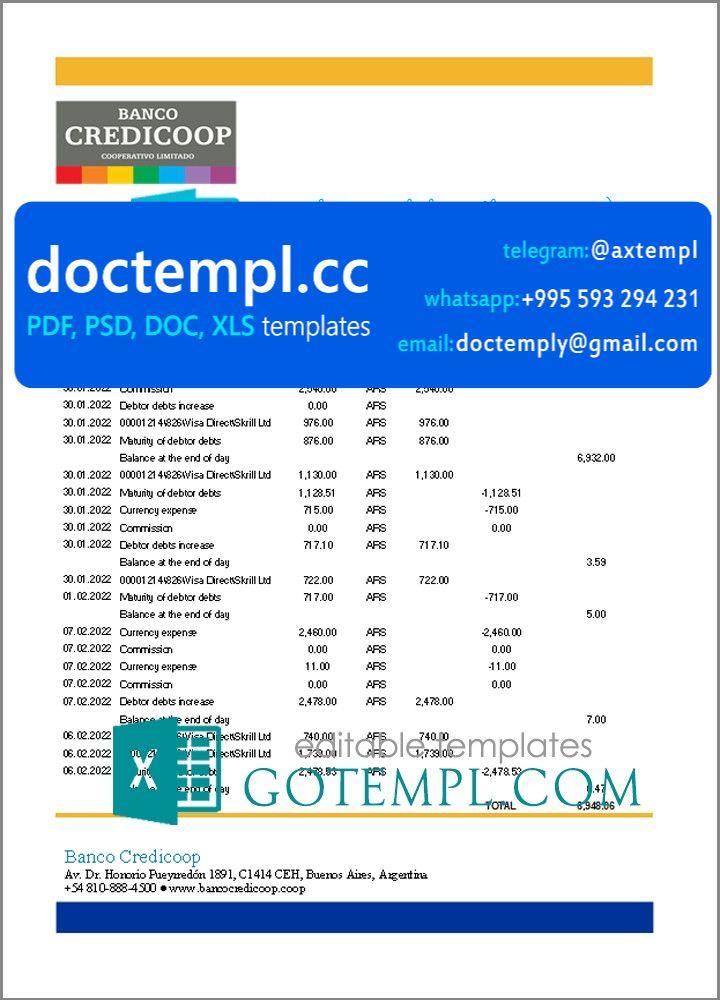 Argentina Banco Credicoop bank statement template in Excel and PDF format
