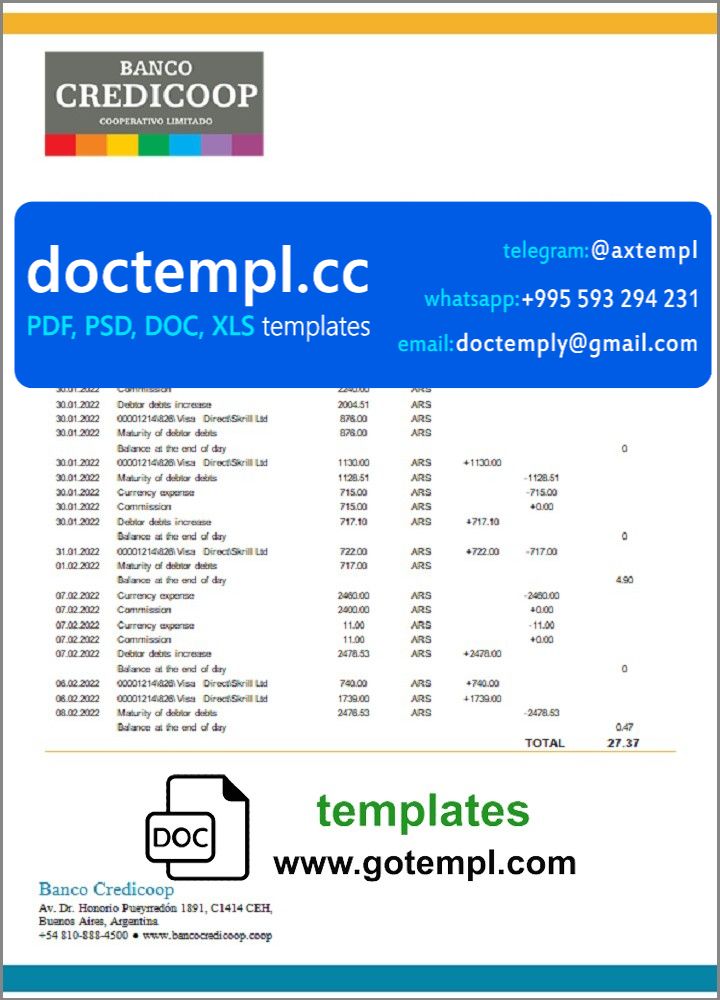 Argentina Banco Credicoop bank statement template in Word and PDF format