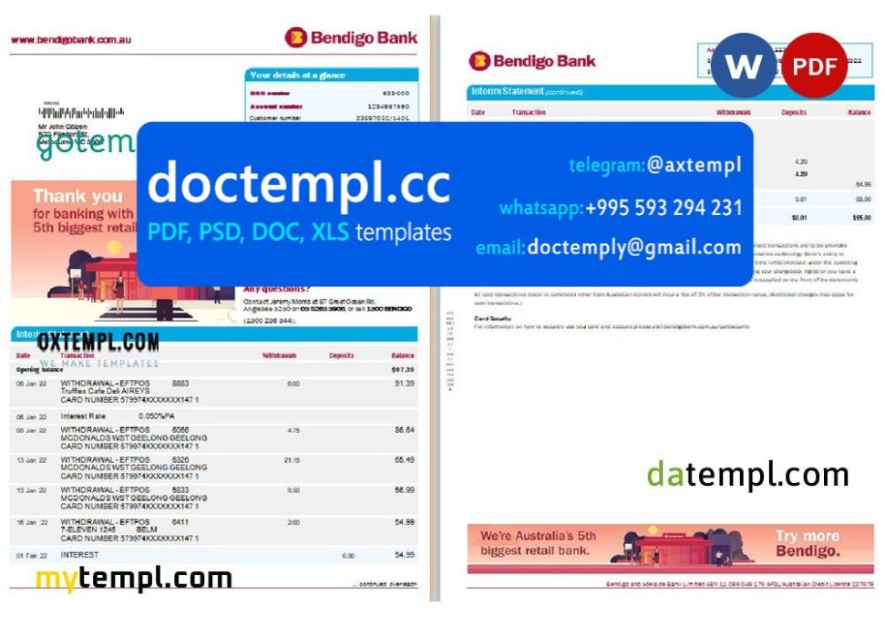 Australia Bendigo bank statement Word and PDF template, 2 pages