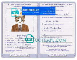 Austria cat (animal, pet) passport PSD template, completely editable