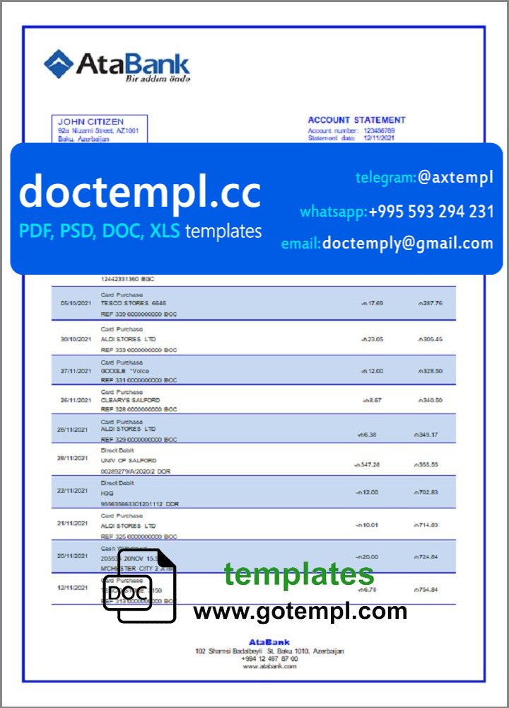 Azerbaijan Atabank bank statement template in Word and PDF format