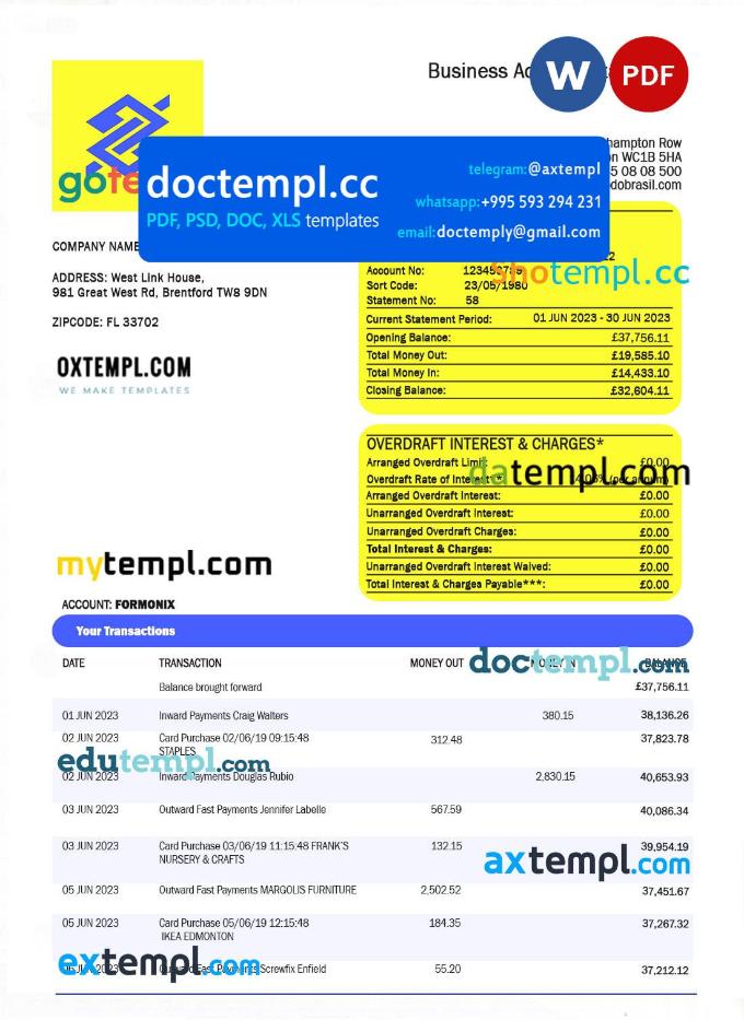 Banco Do Brasil bank organization account statement Word and PDF template