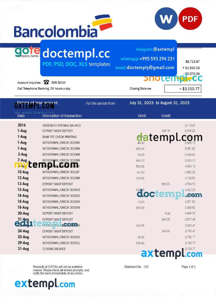 Bancolubia Bank firm statement Word and PDF template