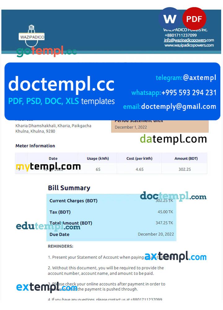 BANGLADESH WAZIPADICO POWER utility bill Word and PDF template