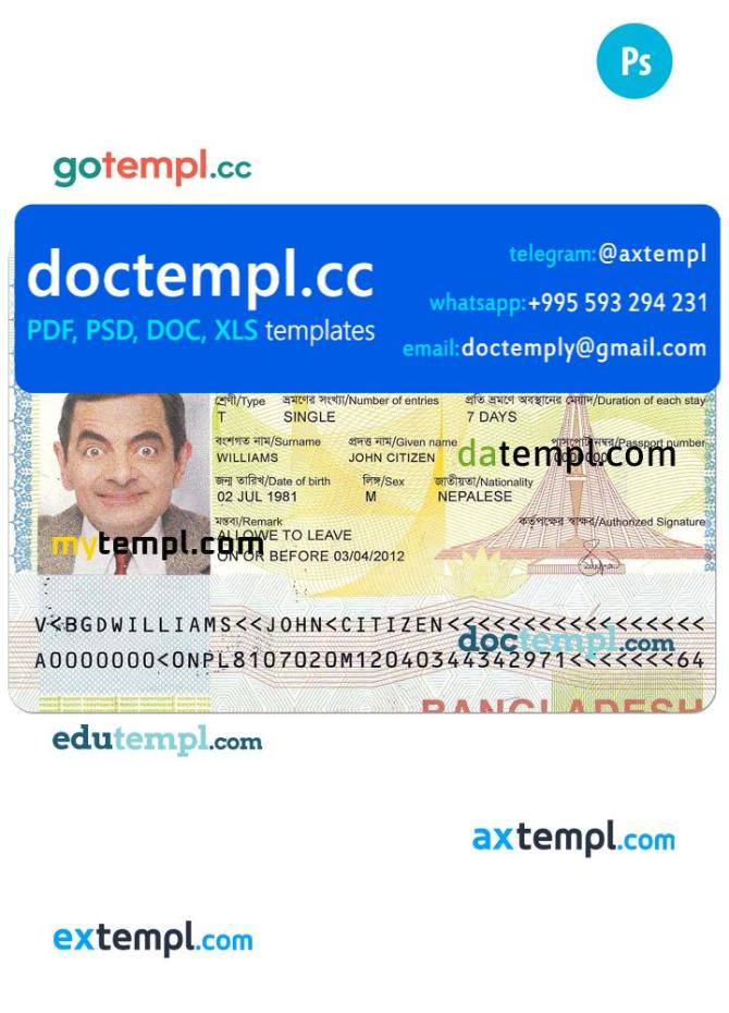 Bangladesh visa PSD template, completely editable, with fonts