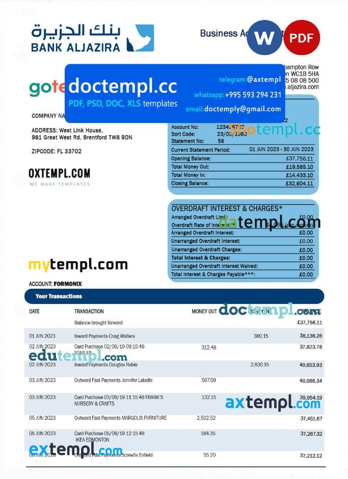 Bank AlJazira firm account statement Word and PDF template
