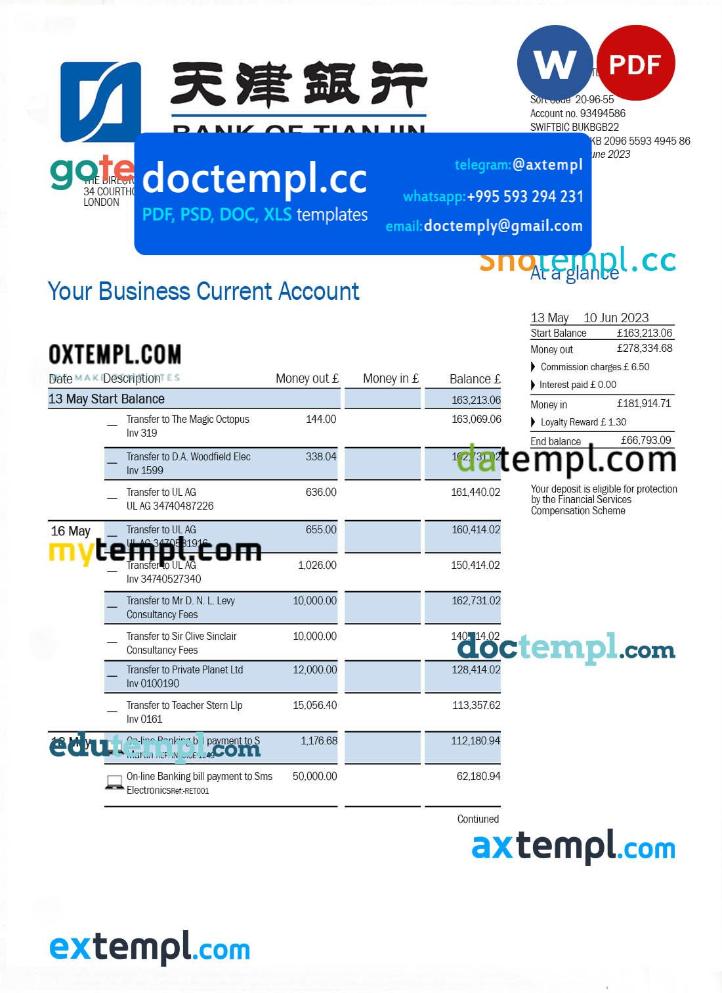 Bank Of Tianjin Business Statement Word And Pdf Template
