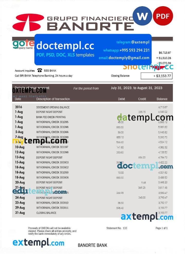 Banorte Bank enterprise statement Word and PDF template
