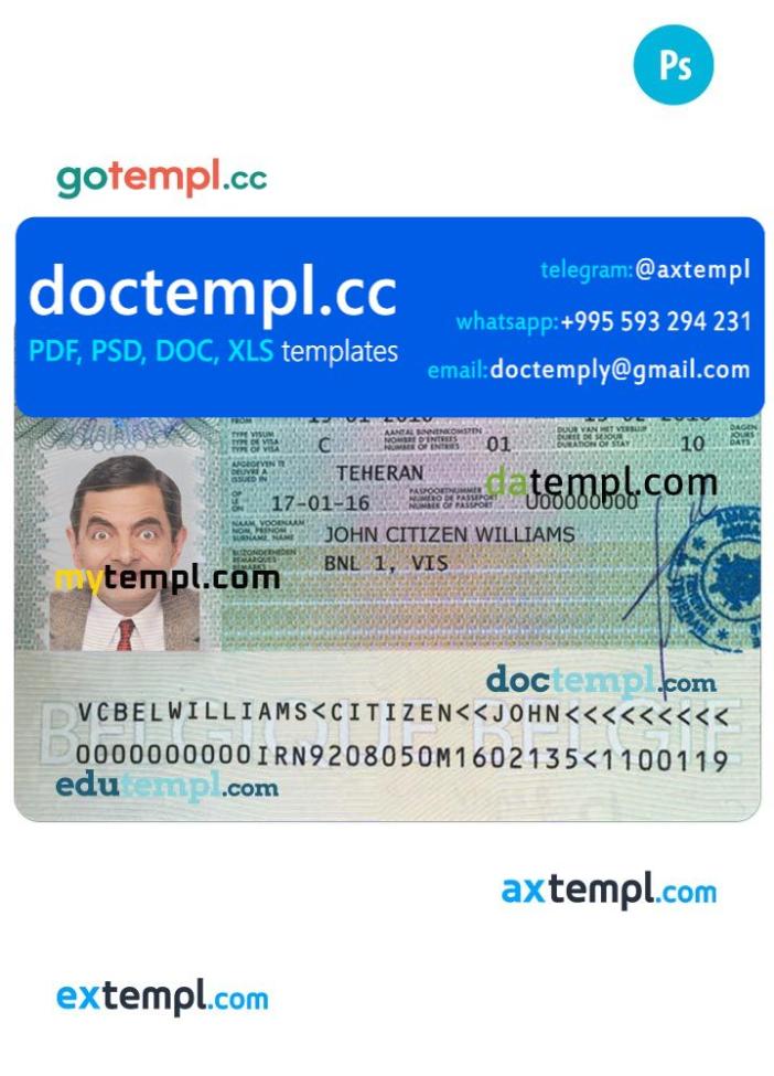 BELGIUM visa PSD template, completely editable, with fonts
