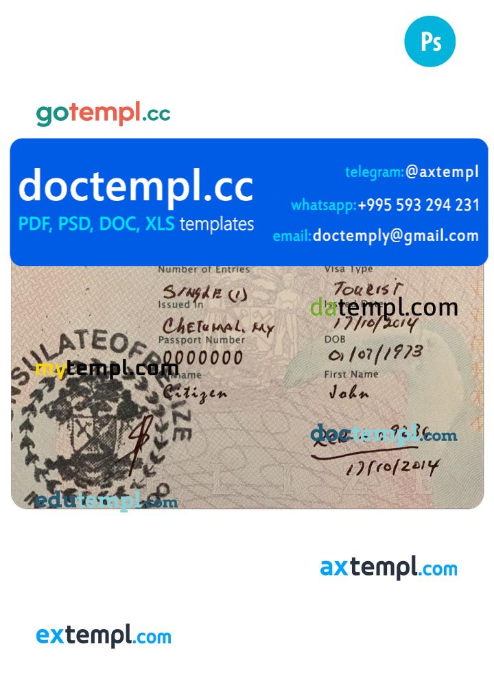 BELIZE visa PSD template, with fonts