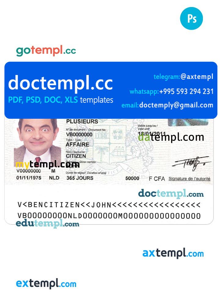 BENIN visa PSD template, with fonts