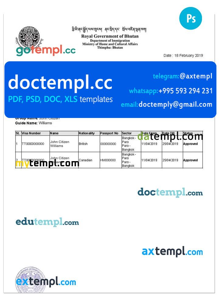 BHUTAN e-Visa PSD template, with fonts