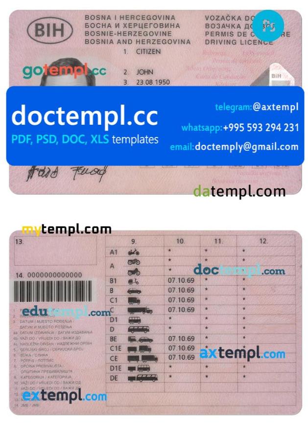Bosnia and Herzegovina ID (2015-2025) driving license template in PSD format