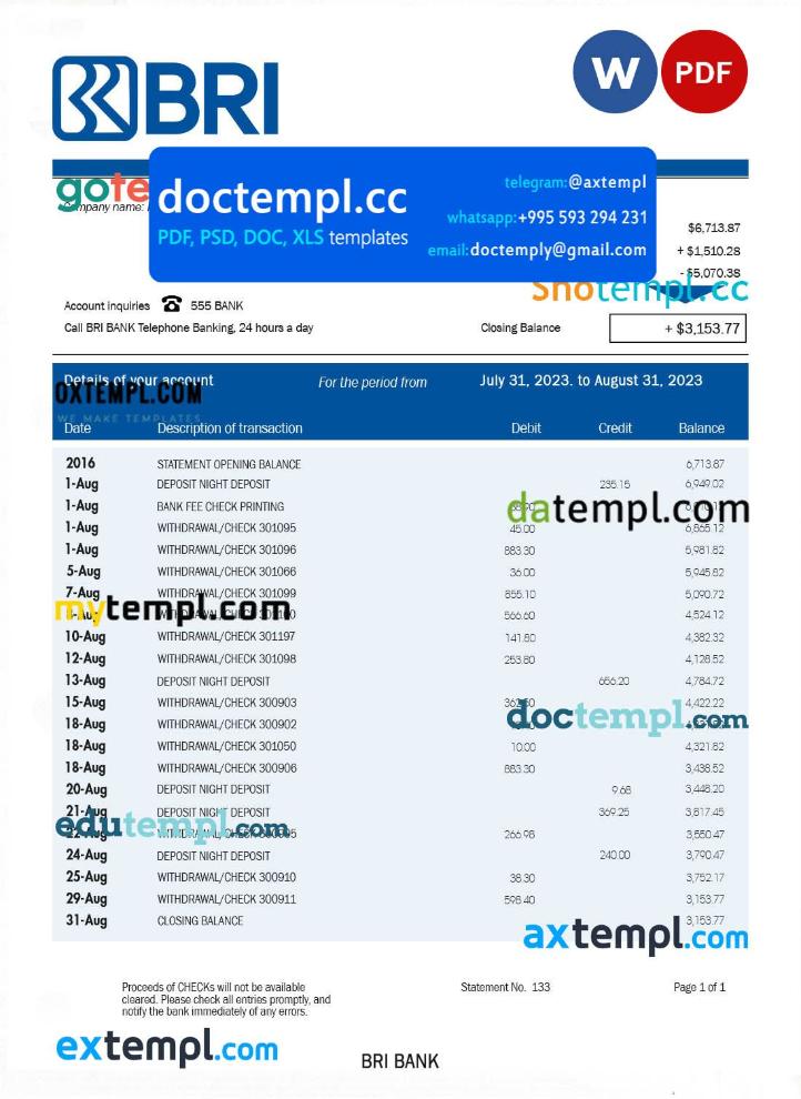 Bank BRI business bank statement Word and PDF template