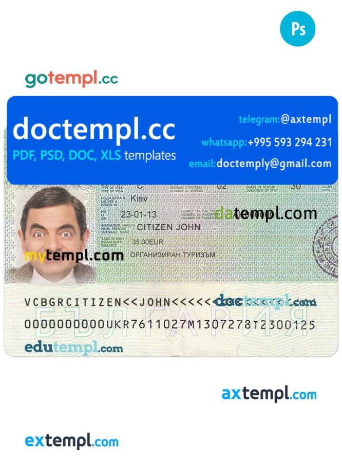 Bulgaria visa PSD template, with fonts
