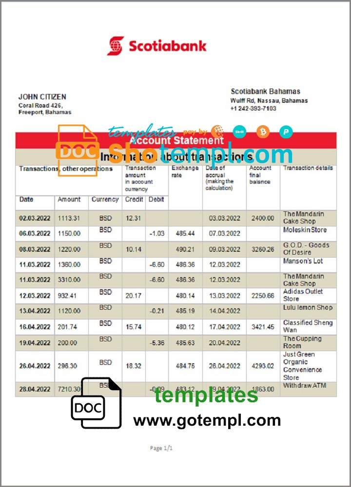 Bahamas Scotiabank bank statement in Word and PDF format, fully editable