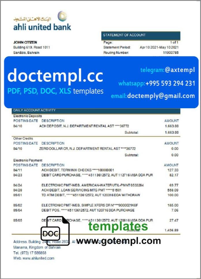 Bahrain Ahli United bank statement template in Word and PDF format