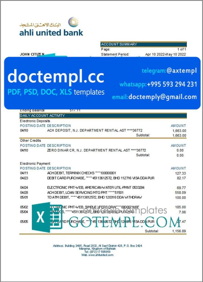 Bahrain Ahli United bank statement template in Excel and PDF format