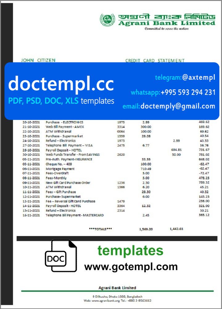 Bangladesh Agrani bank statement template in Word and PDF format